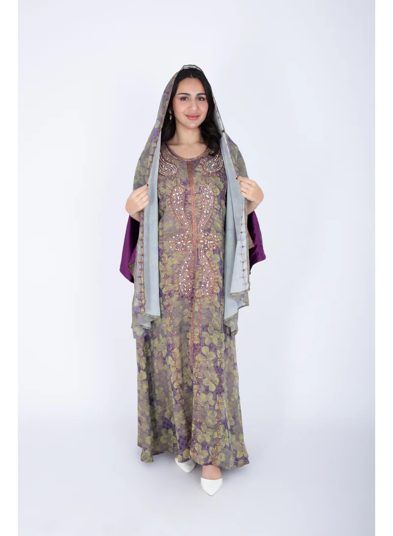 IKKXA Printed Jalabiya Crystal Patterns with Shawl IK1039 Green