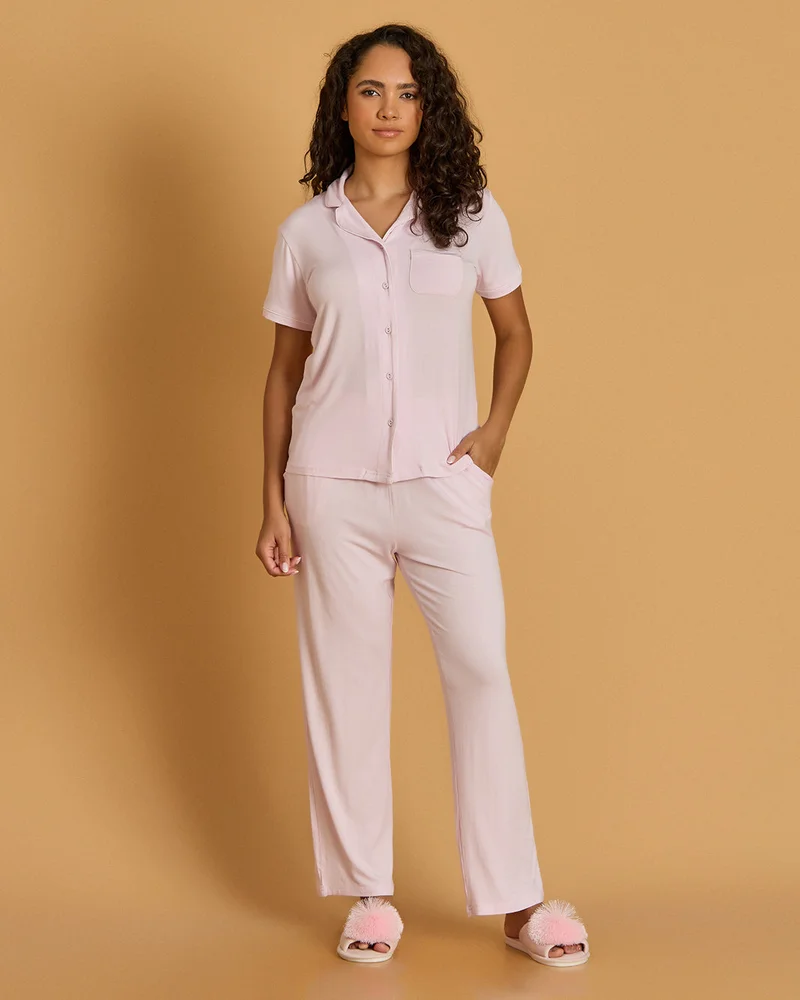Redtag Women Pink Collar Pyjama Set