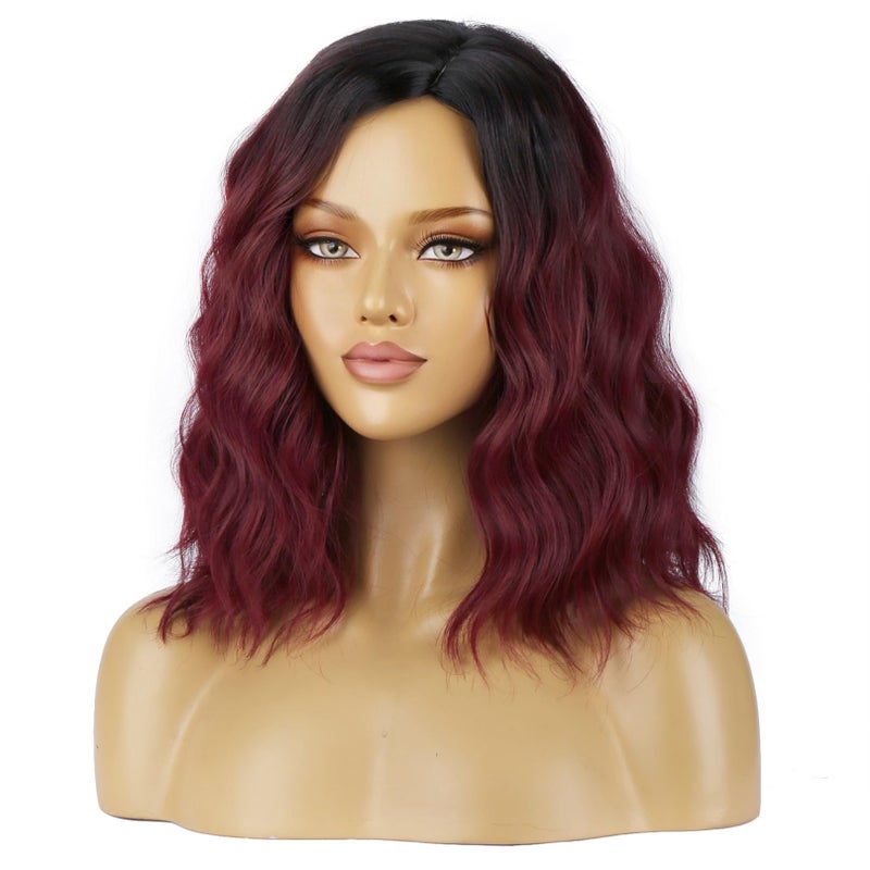 BERON 14 Inches Women Burgundy Ombre Wigs Girls Short Curly Bob Wavy Wig Wine Red Body Heat Resistant Synthetic Cosplay Daily Wigs