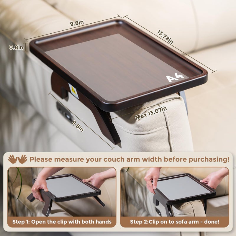 Tomlyop Couch Armrest Table, Foldable Bamboo Sofa Arm Tray for Couch with a Non-Slip Pad, Clip On Couch Arm Table for Remotes/Eatting/Drinks, Fits Sofa Armrest 3.5"-13.5" Brown - Image 2