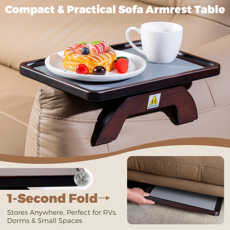 Tomlyop Couch Armrest Table, Foldable Bamboo Sofa Arm Tray for Couch with a Non-Slip Pad, Clip On Couch Arm Table for Remotes/Eatting/Drinks, Fits Sofa Armrest 3.5"-13.5" Brown - Image 4