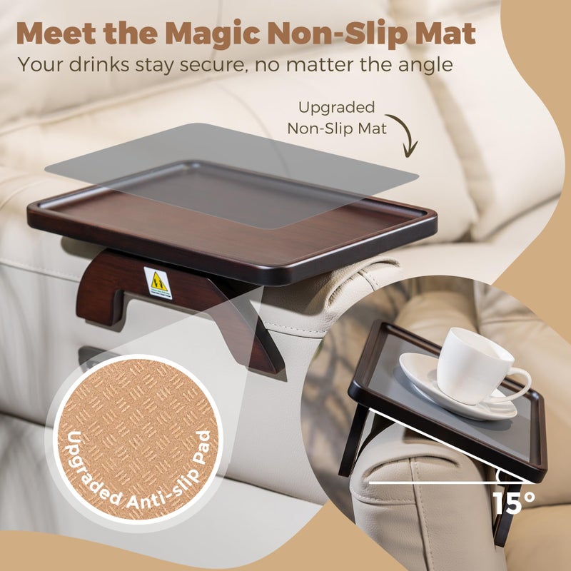 Tomlyop Couch Armrest Table, Foldable Bamboo Sofa Arm Tray for Couch with a Non-Slip Pad, Clip On Couch Arm Table for Remotes/Eatting/Drinks, Fits Sofa Armrest 3.5"-13.5" Brown - Image 3