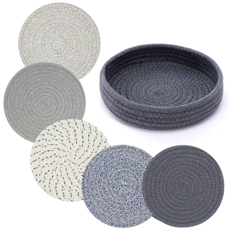 Coga Trivets for Dishes Pots and Pans 7 Inch Hot Pads  5 Pcs with Storage Basket for Countertops Pot Holders for Kitchen Cotton Table Protector Hot Mats Heat Resistant Mix
