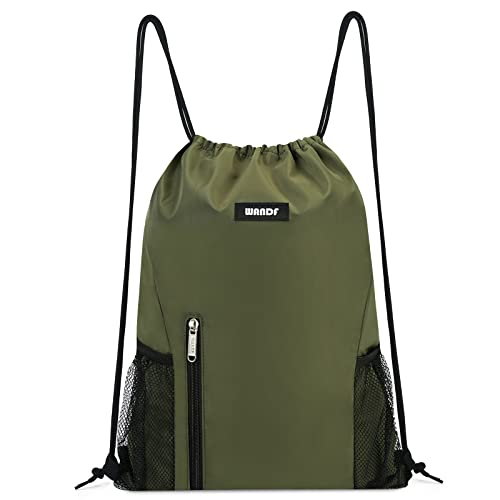 WANDF Drawstring Backpack Sports Gym Sackpack with Mesh Pockets Water Resistant String Bag for Women Men (Dark Green) - Image 1