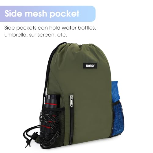WANDF Drawstring Backpack Sports Gym Sackpack with Mesh Pockets Water Resistant String Bag for Women Men (Dark Green) - Image 4