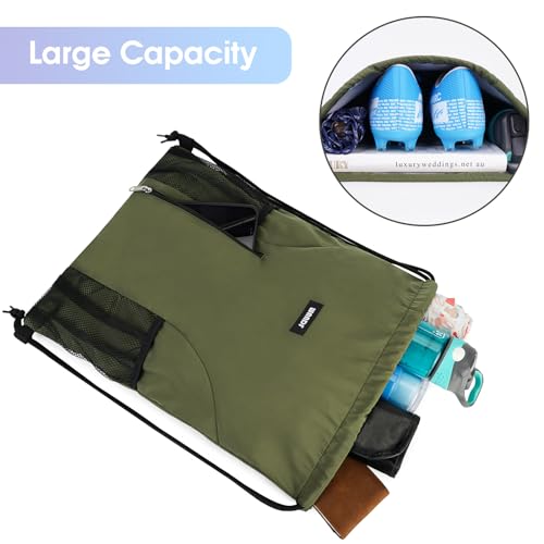 WANDF Drawstring Backpack Sports Gym Sackpack with Mesh Pockets Water Resistant String Bag for Women Men (Dark Green) - Image 2