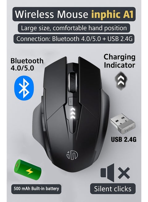 A1 Wireless Mouse – Rechargeable, Silent Click, Ergonomic Design, 2.4G/ Bluetooth Dual Mode (Optional), Adjustable DPI, Portable Optical Mouse for Laptop, PC, Mac, Office & Gaming