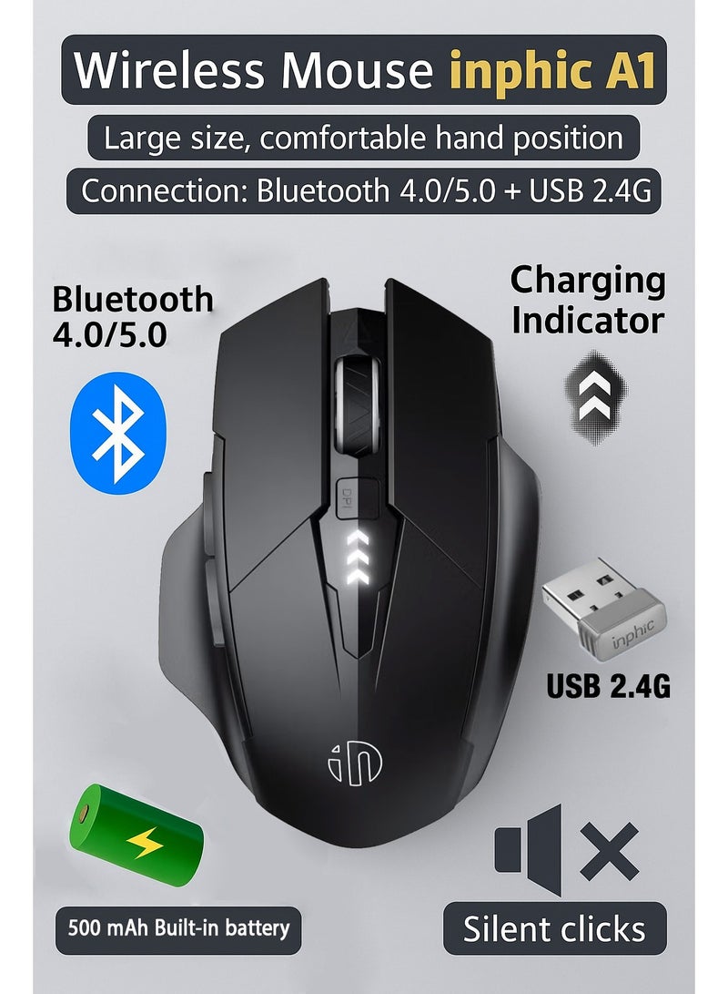 inphic A1 Wireless Mouse – Rechargeable, Silent Click, Ergonomic Design, 2.4G/ Bluetooth Dual Mode (Optional), Adjustable DPI, Portable Optical Mouse for Laptop, PC, Mac, Office & Gaming - Image 1