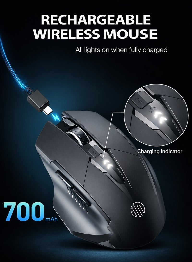 inphic ماوس بلوتوث [تم ترقيته: مستوى البطارية مرئي]، ماوس لاسلكي قابل لإعادة الشحن ومتعدد الأجهزة (ثلاثي الأوضاع: BT 5.0/4.0+2.4 جيجا هرتز) مع وضع صامت، أسود - Image 5