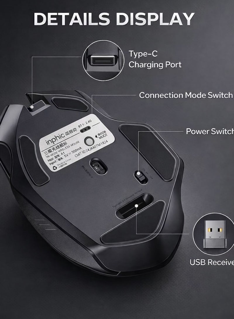 inphic ماوس بلوتوث [تم ترقيته: مستوى البطارية مرئي]، ماوس لاسلكي قابل لإعادة الشحن ومتعدد الأجهزة (ثلاثي الأوضاع: BT 5.0/4.0+2.4 جيجا هرتز) مع وضع صامت، أسود - Image 3