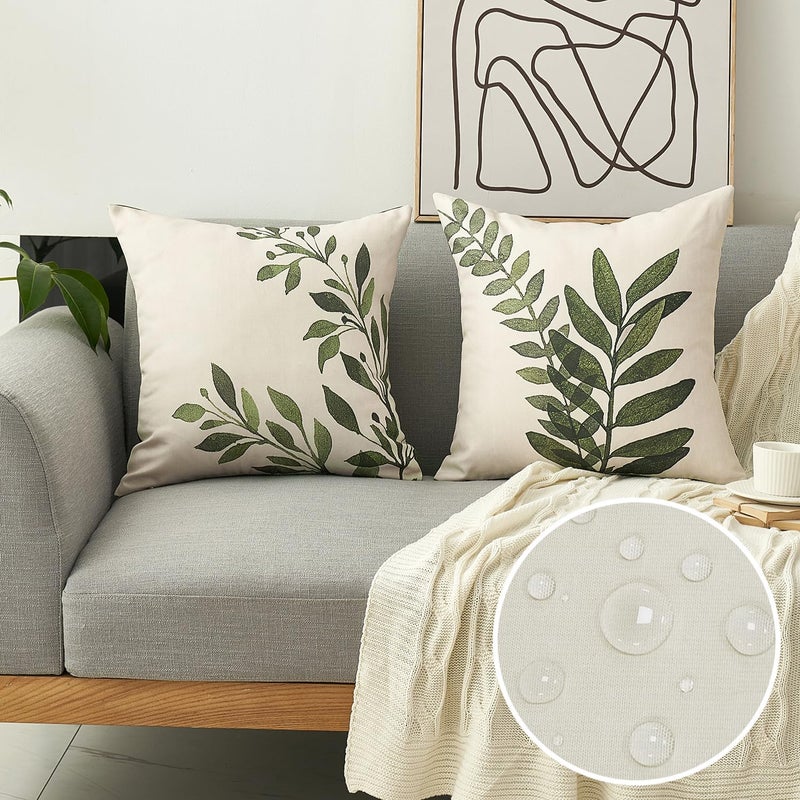 Tritard Outdoor Pillow Covers Set of 2 Waterproof Fabric Green Botanical Plant Leaves Throw Pillow Covers Leaf Pillowcases for Patio Furniture Living Room 18x18