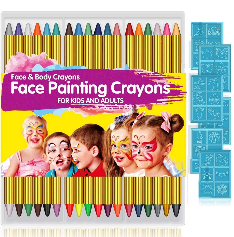 Face Paint Crayons for Kids 36 Makeup Sticks 36 Stencils Professtional Face Painting kit for Halloween or Birthday Party 6 Fluorescent 6 Metallic 24 Classic Colors Safe for Sensitive Skin