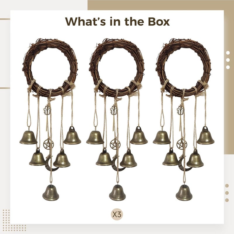 3 Pcs Wiccan Witch Bells, Handmade Pentagram Wind Chimes for Door, Porch, and Car, 4.7-Inch Rattan Chimes for Negative Energy Clearing - Image 2