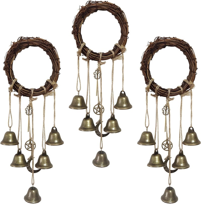 3 Pcs Wiccan Witch Bells, Handmade Pentagram Wind Chimes for Door, Porch, and Car, 4.7-Inch Rattan Chimes for Negative Energy Clearing - Image 1