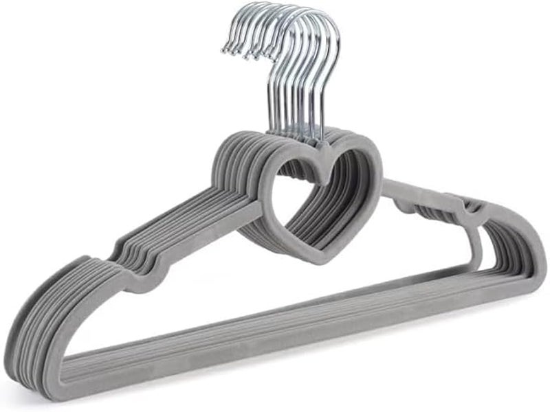 Clothes Hangers Set Of 5 Chamois Finish With Stainless Steel Hook, Non Slip Heart Shape Design, Durable Wardrobe Hangers For Shirts Dresses And Daily Use (Grey) - Image 1