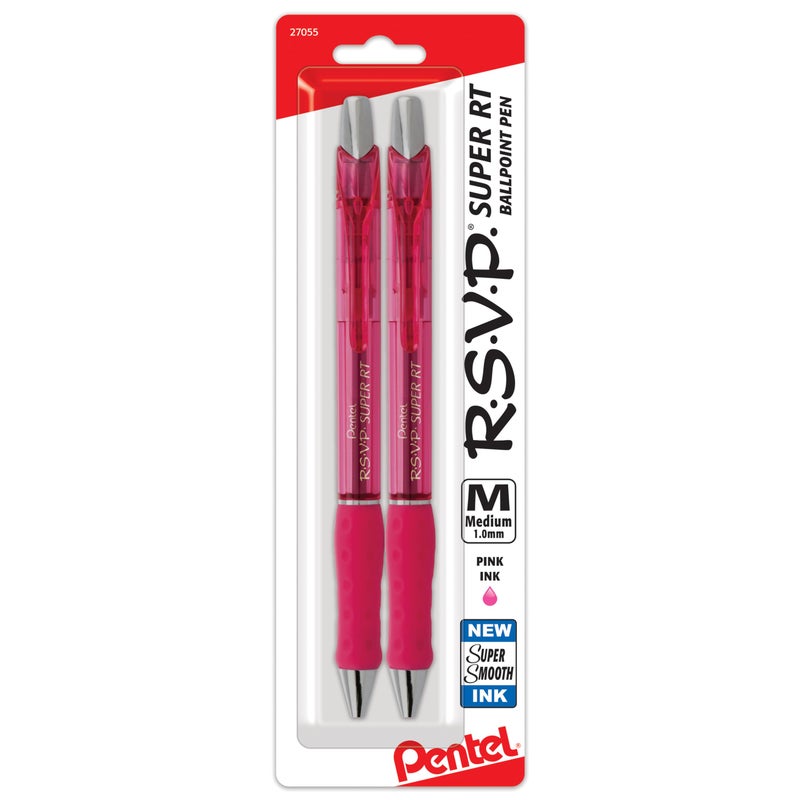 Pentel قلم حبر جاف بنتل RSVP سوبر RT، (1.0 مم) خط متوسط، حبر وردي، عبوة من 2 (BX480BP2P) - Image 1