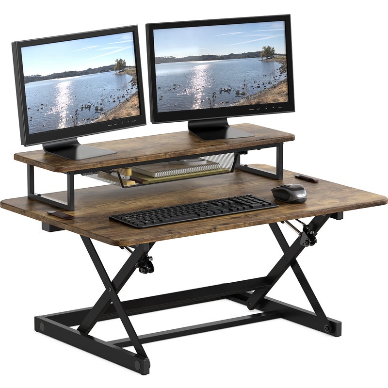 SHW 36Inch Height Adjustable Standing Desk Converter Sit to Stand Riser Workstation Rustic Brown