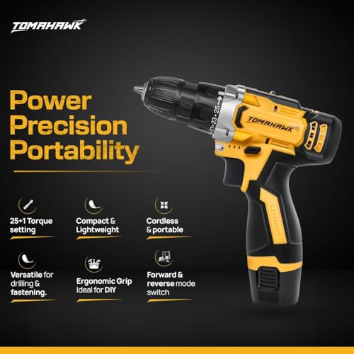 Tomahawk 12V Cordless Drill/Screwdriver Kit | 10mm Keyless Chuck, 2-Speed (350/1350 RPM), 28Nm Torque, 2 Batteries, LED Light, Variable Speed & Reverse Function (1* Battery) - Image 4