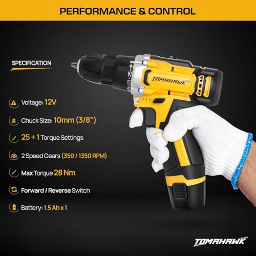 Tomahawk 12V Cordless Drill/Screwdriver Kit | 10mm Keyless Chuck, 2-Speed (350/1350 RPM), 28Nm Torque, 2 Batteries, LED Light, Variable Speed & Reverse Function (1* Battery) - Image 2