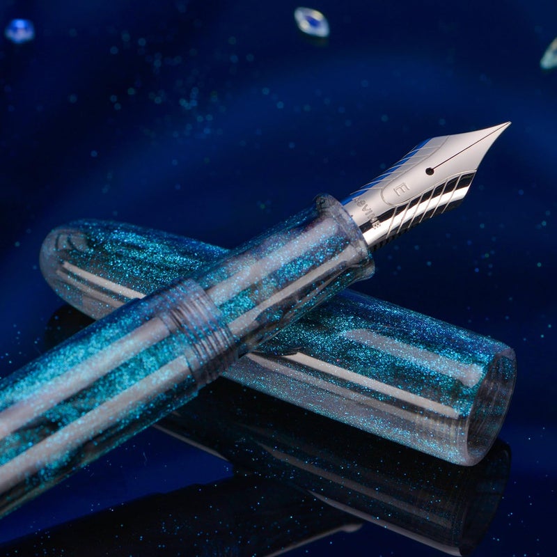 Asvine C80 Fountain Pen #8 Medium Nib Large Handcraft Pen with Converter Pen Box Collection Set (Light Blue Glitter) - Image 2