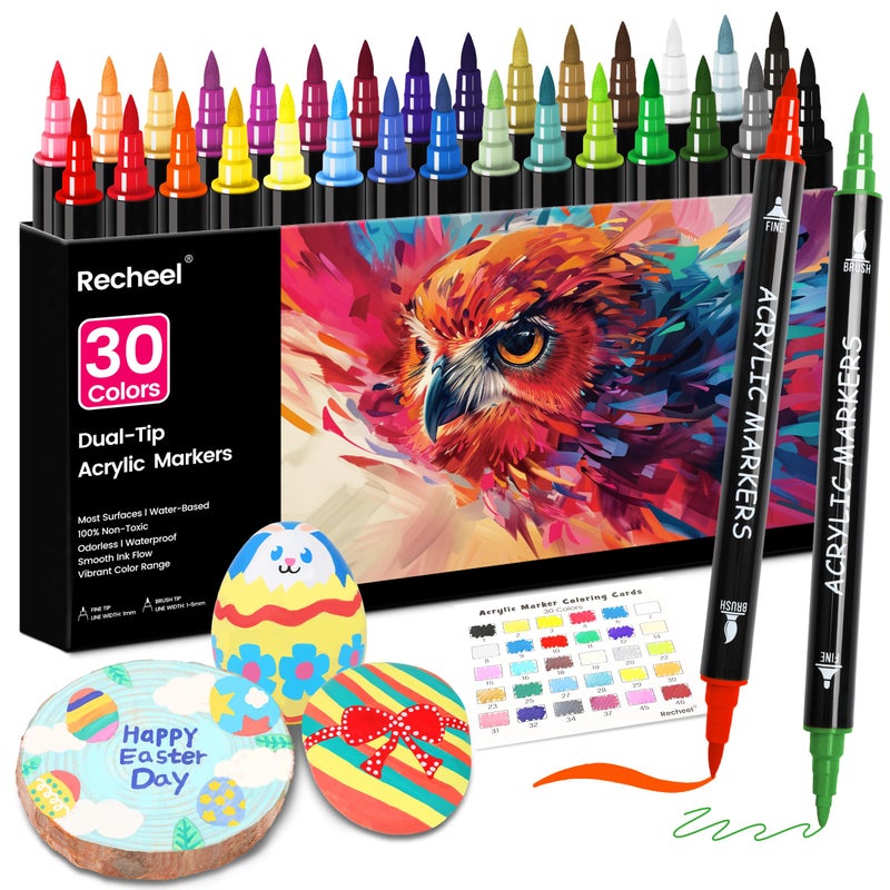 Recheel 30 Colors Acrylic Paint Markers, Dual Tip Fine and Brush Tips for Detailed Art, Crafting, Rock Painting, Wood, Glass, Ceramic, and More - Image 1