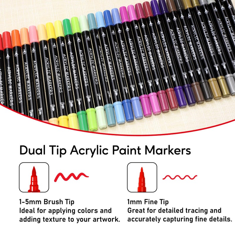 Recheel 30 Colors Acrylic Paint Markers, Dual Tip Fine and Brush Tips for Detailed Art, Crafting, Rock Painting, Wood, Glass, Ceramic, and More - Image 2