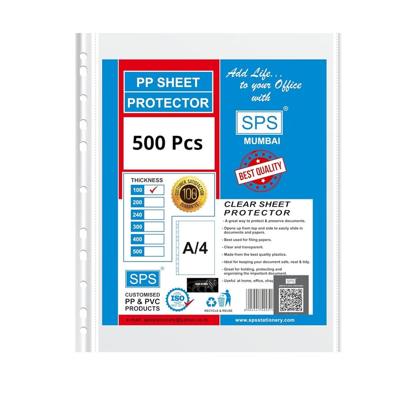 sps A4 Size 500 Pcs 100 Micron Sheet Protectors, Transparent Document Sleeves, Leaf Sheet Clear Certificates, Waterproof 11 Holes Punched Ring Files Folder (A4, 100 Micron, Pack of 500) - Image 1