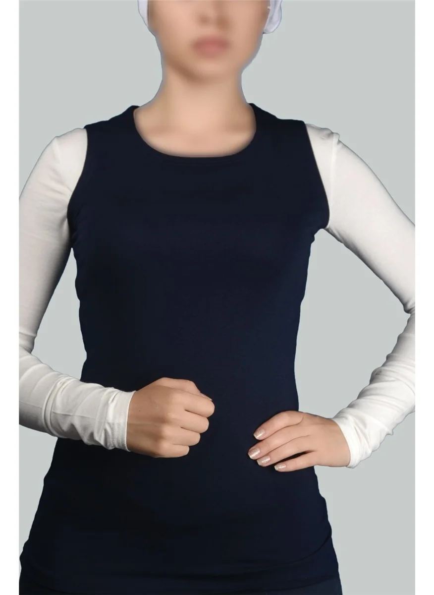 التوبة Zero Sleeve Crew Neck Lycra Combed Cotton Women's Bodysuit - Navy Blue