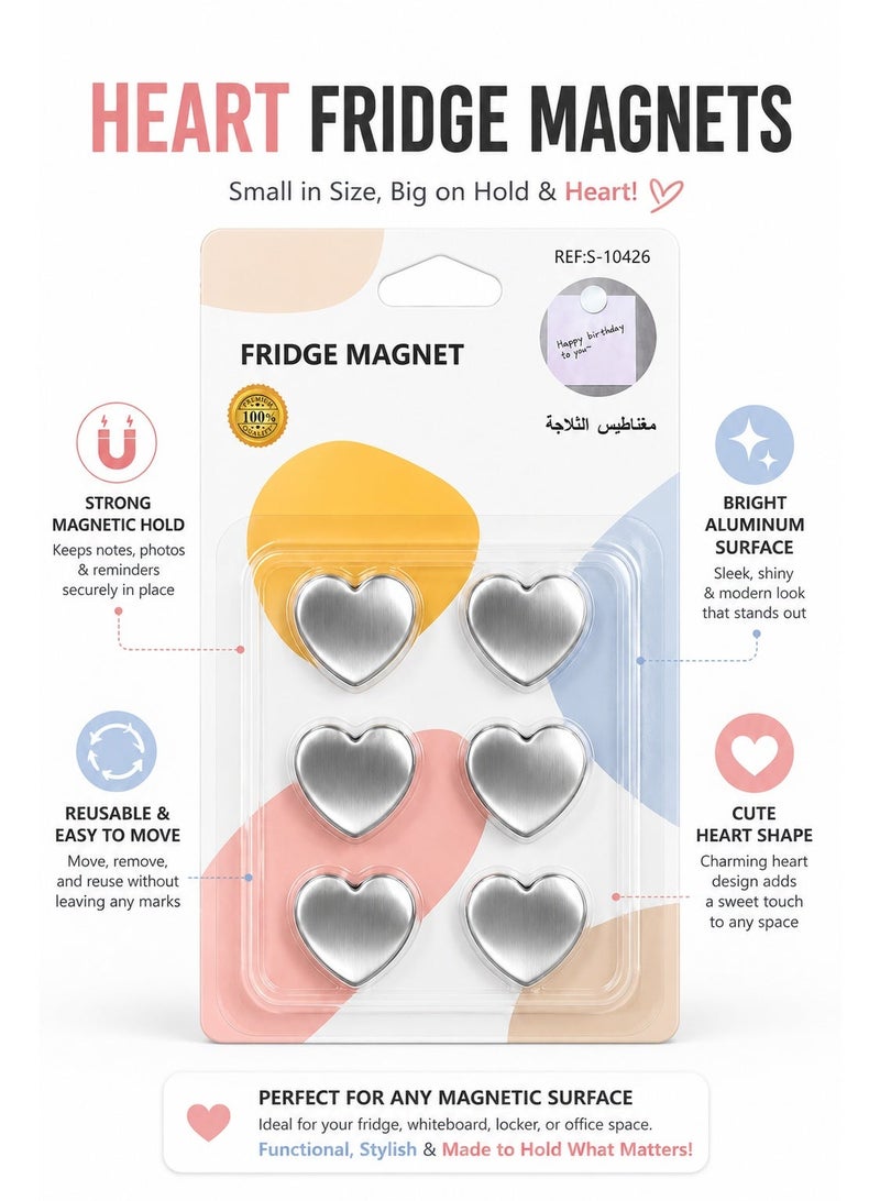 6 Pcs Heart Fridge Magnets, Shiny Aluminum Cover Magnetic Holders for Refrigerator, Photos, Notes, Reminders, Whiteboard, Locker & Office Decoration - Image 5