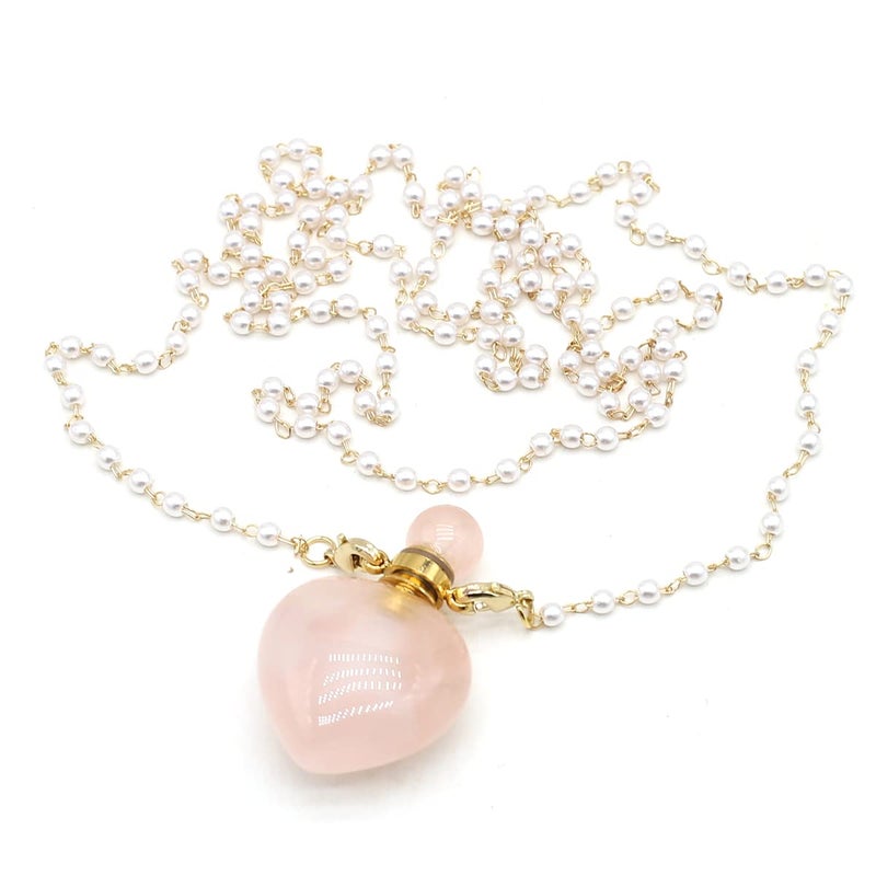 Zotoone 1pcs Natural Rose Quartz Stone Perfume Bottle Pendant Pearl Bead Chain Rectangle Heart Necklace for Women StonHealinge Essential Oil Diffuser Necklace Jewelry Essential Oil Diffuser - Image 1