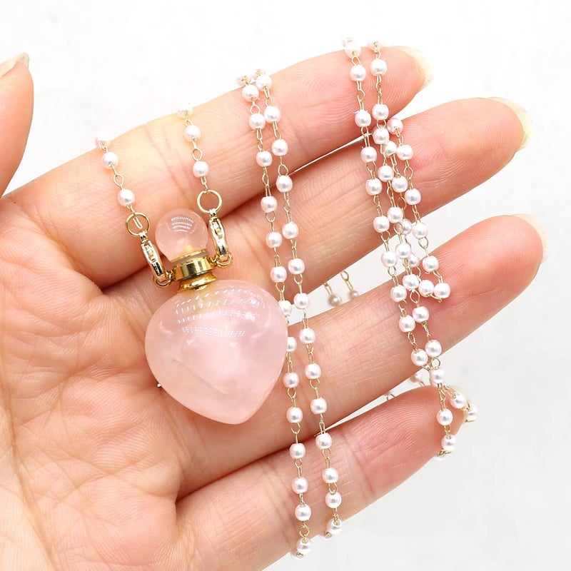Zotoone 1pcs Natural Rose Quartz Stone Perfume Bottle Pendant Pearl Bead Chain Rectangle Heart Necklace for Women StonHealinge Essential Oil Diffuser Necklace Jewelry Essential Oil Diffuser - Image 2