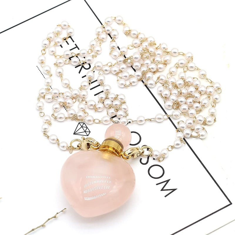 Zotoone 1pcs Natural Rose Quartz Stone Perfume Bottle Pendant Pearl Bead Chain Rectangle Heart Necklace for Women StonHealinge Essential Oil Diffuser Necklace Jewelry Essential Oil Diffuser - Image 3