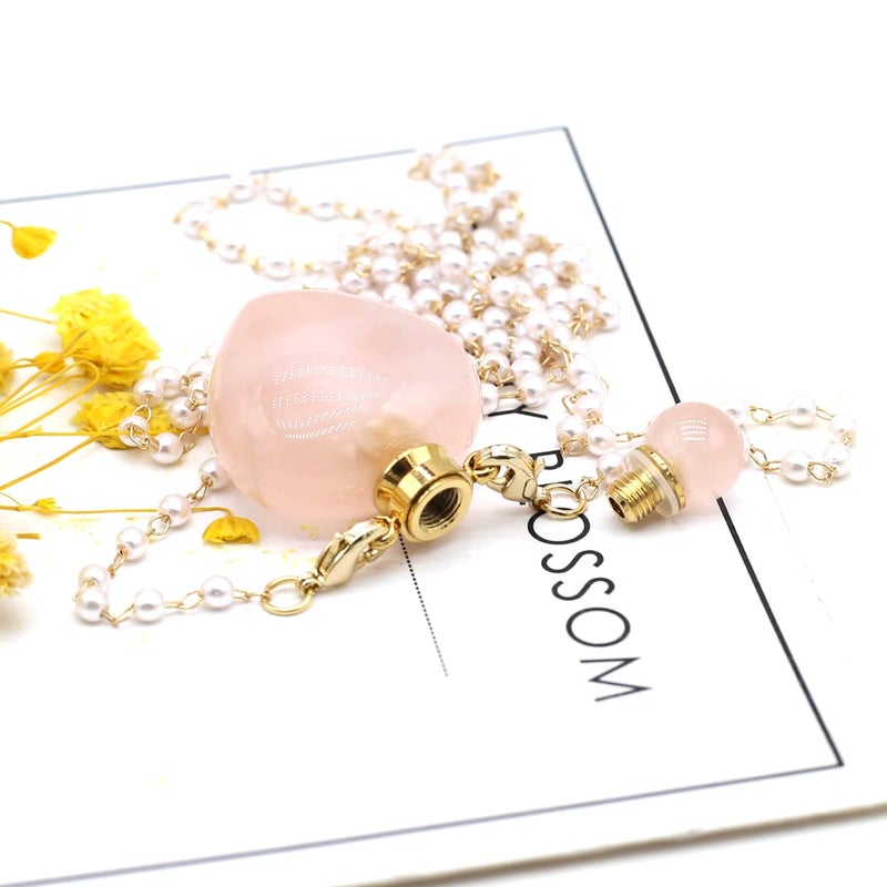 Zotoone 1pcs Natural Rose Quartz Stone Perfume Bottle Pendant Pearl Bead Chain Rectangle Heart Necklace for Women StonHealinge Essential Oil Diffuser Necklace Jewelry Essential Oil Diffuser - Image 4