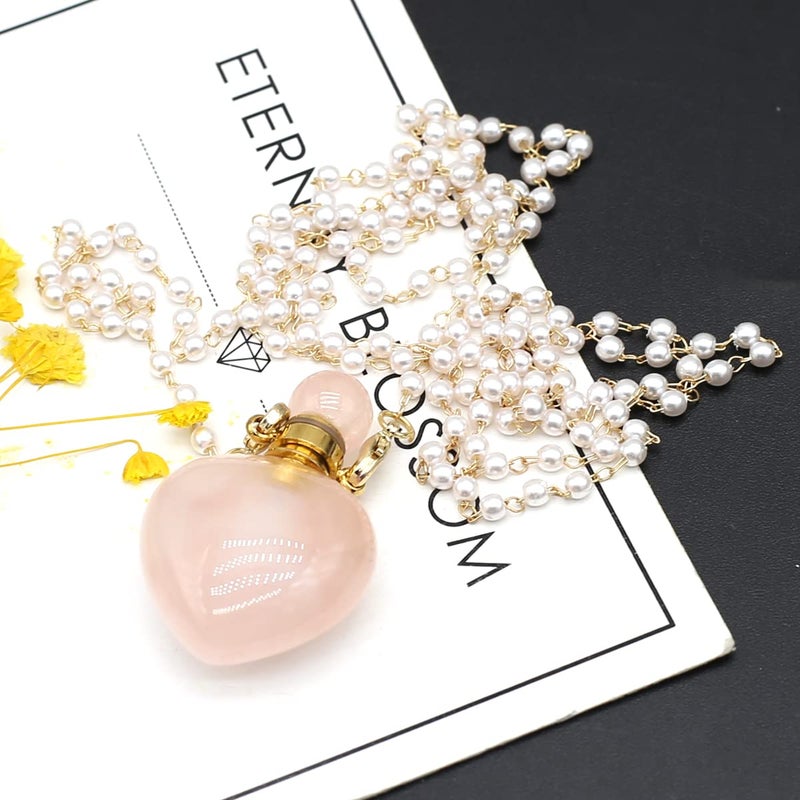 Zotoone 1pcs Natural Rose Quartz Stone Perfume Bottle Pendant Pearl Bead Chain Rectangle Heart Necklace for Women StonHealinge Essential Oil Diffuser Necklace Jewelry Essential Oil Diffuser - Image 5