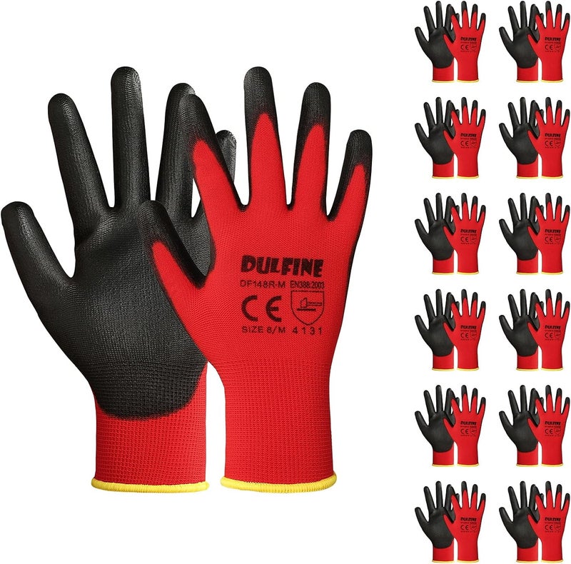 DULFINE Safety Work Gloves PU Coated-12 Pairs,Red Seamless Knit Glove with Polyurethane Coated Smooth Grip on Palm & Fingers, for Men and Women, Ideal for General Duty Work (Medium) - Image 1