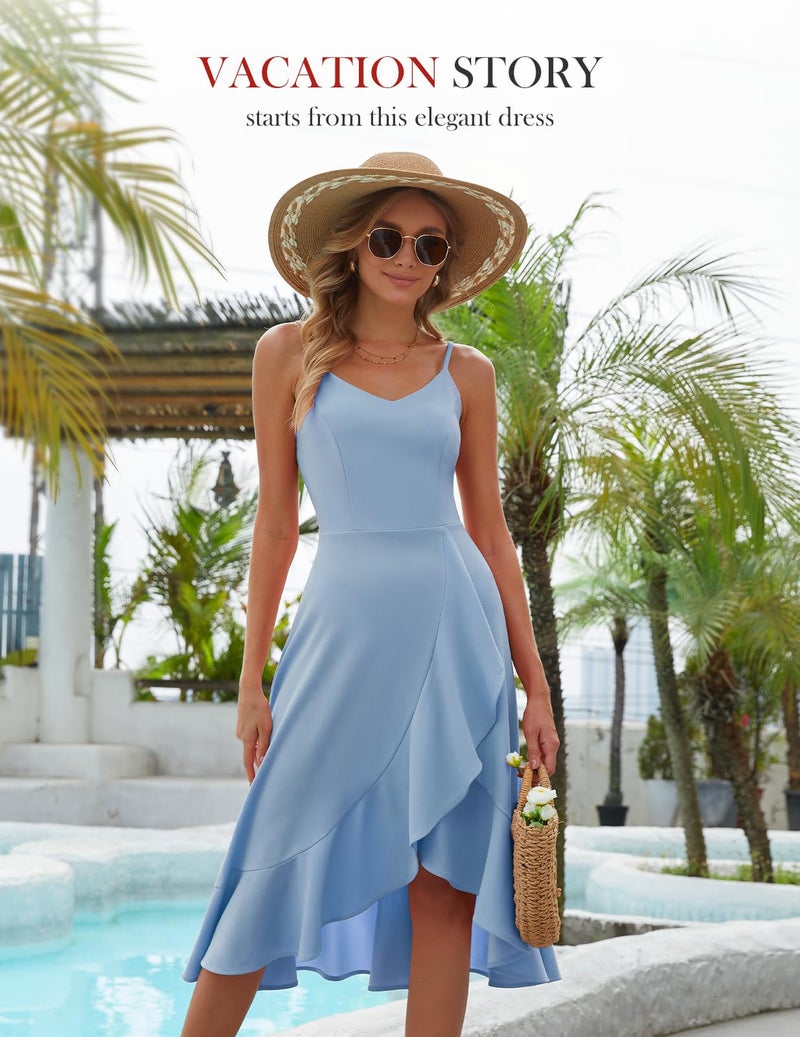 DRESSTELLS Cocktail Dress for Women, Summer Formal Wedding Guest Church Bridesmaid Prom Party Fit Flare Spaghetti Strap Dresses Blue XL - Image 3