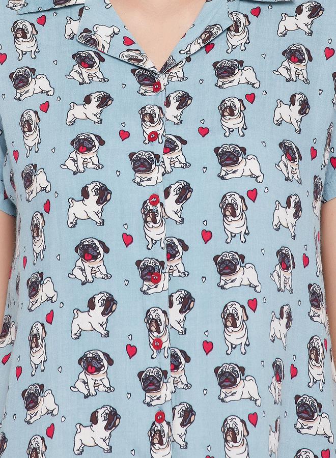 Clovia Printed Button Down Sleep Shirt and Pyjama Set - Image 5