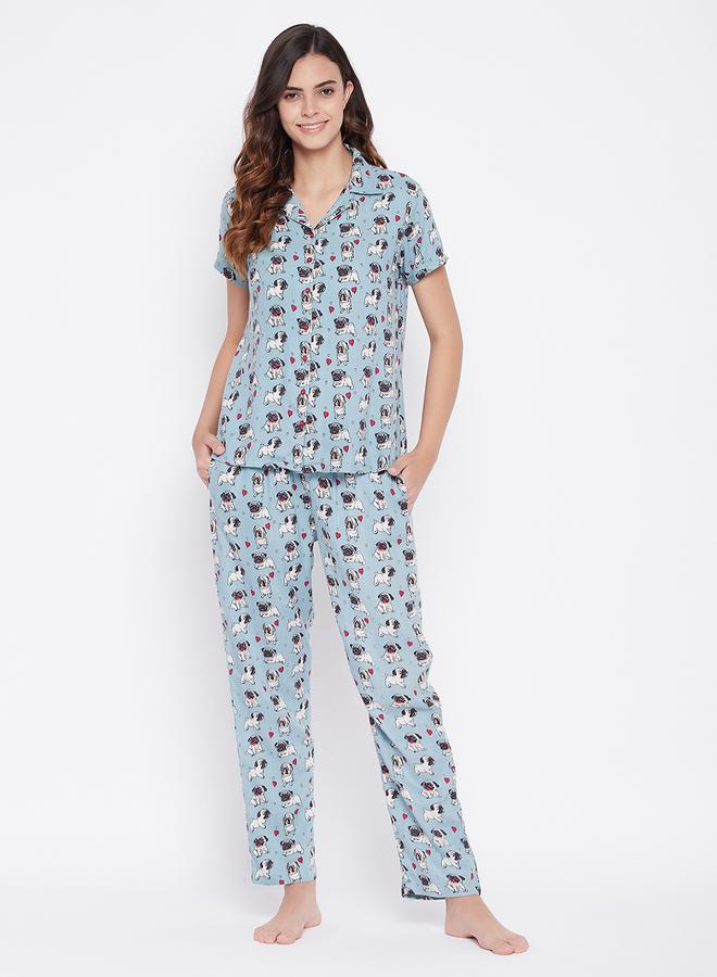 Clovia Printed Button Down Sleep Shirt and Pyjama Set - Image 1