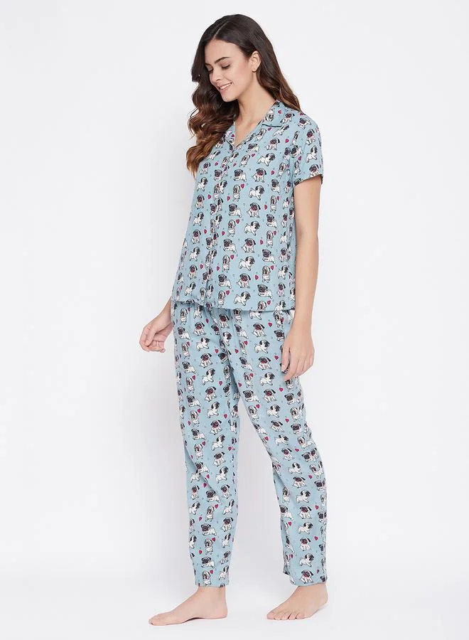 كلوفيا طقم بيجاما من قميص نوم مطبع بأزرار مع بنطال