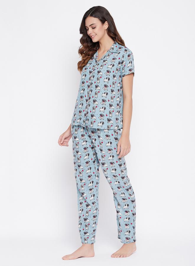 Clovia Printed Button Down Sleep Shirt and Pyjama Set - Image 2