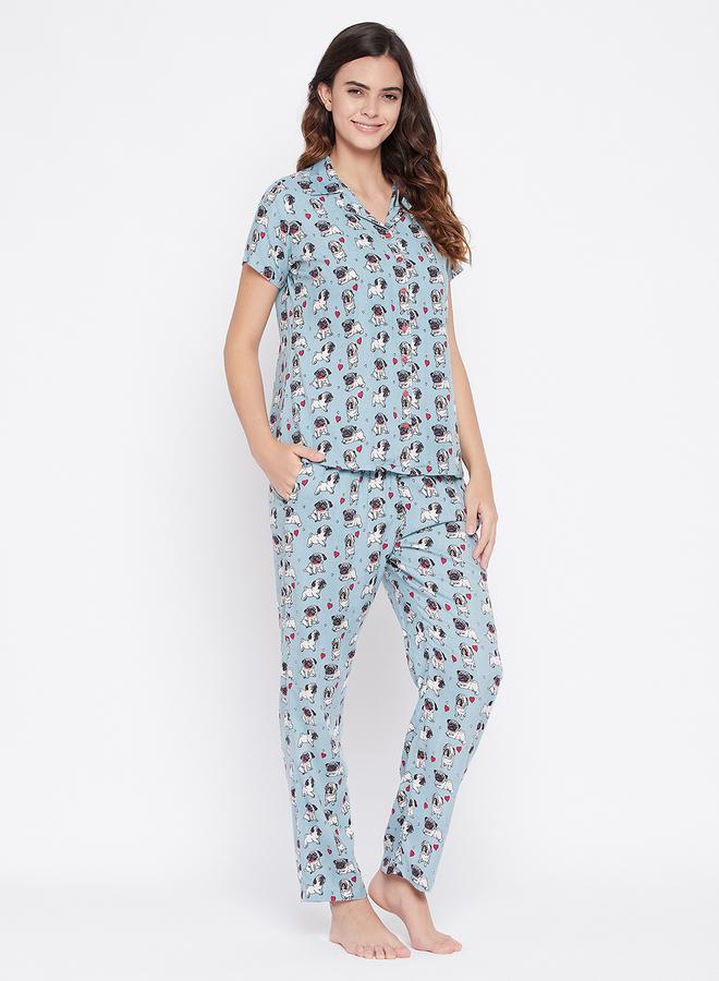Clovia Printed Button Down Sleep Shirt and Pyjama Set - Image 3