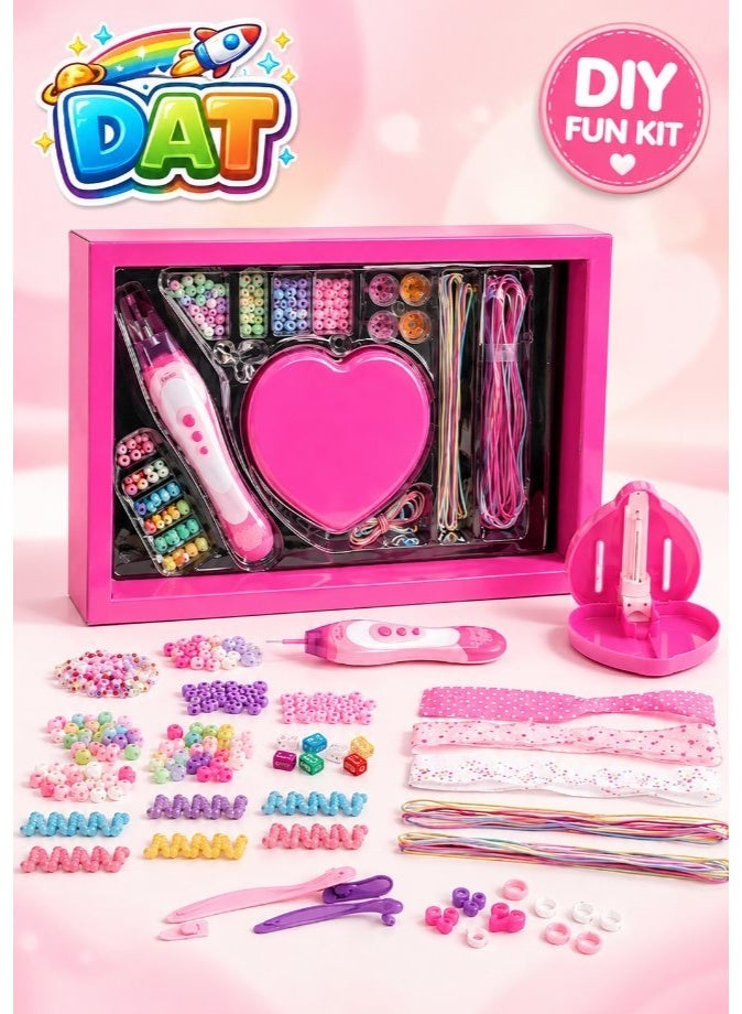 DAT Hair Braiding & Beading DIY Craft Set with Electric Twister Tool, Colorful Beads & Accessories, Pink - Image 1