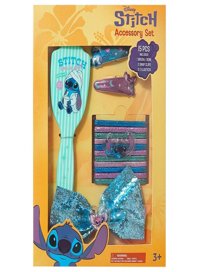 LUV HER Girls' 15-Piece Hair Accessories Set – The Stitch-Themed Brush, Bow, PVC Snap Clips & Lurex Elastics – Fun & Practical Hair Set for Kids Ages 3+ - Image 1