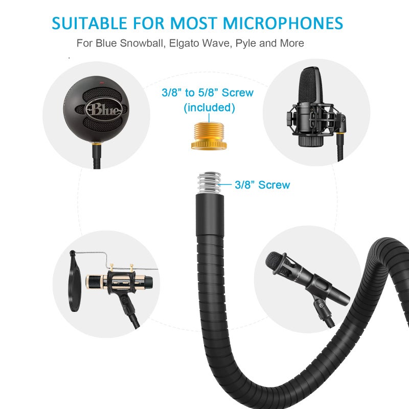ZealSound حامل ميكروفون ZealSound، حامل ميكروفون مكتبي مرن مع مشبك مكتب قوي، محول برغي 3/8" إلى 5/8" يتضمن ذراع ميكروفون قابل للتعديل 360 درجة لميكروفون Blue Snowball Ice Spark (أسود) - Image 2