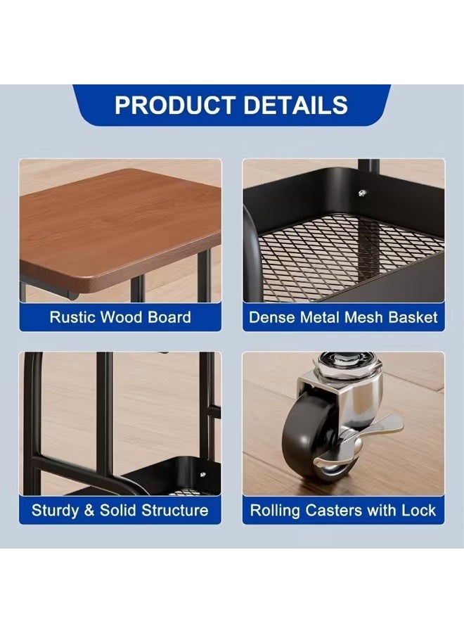 كادي ون عربة تنظيم وتخزين من 3 طبقات بهيكل معدني متين، رفوف تخزين من 3 مستويات مع سطح خشبي مزودة بعجلات لسهولة الحركة - Image 4