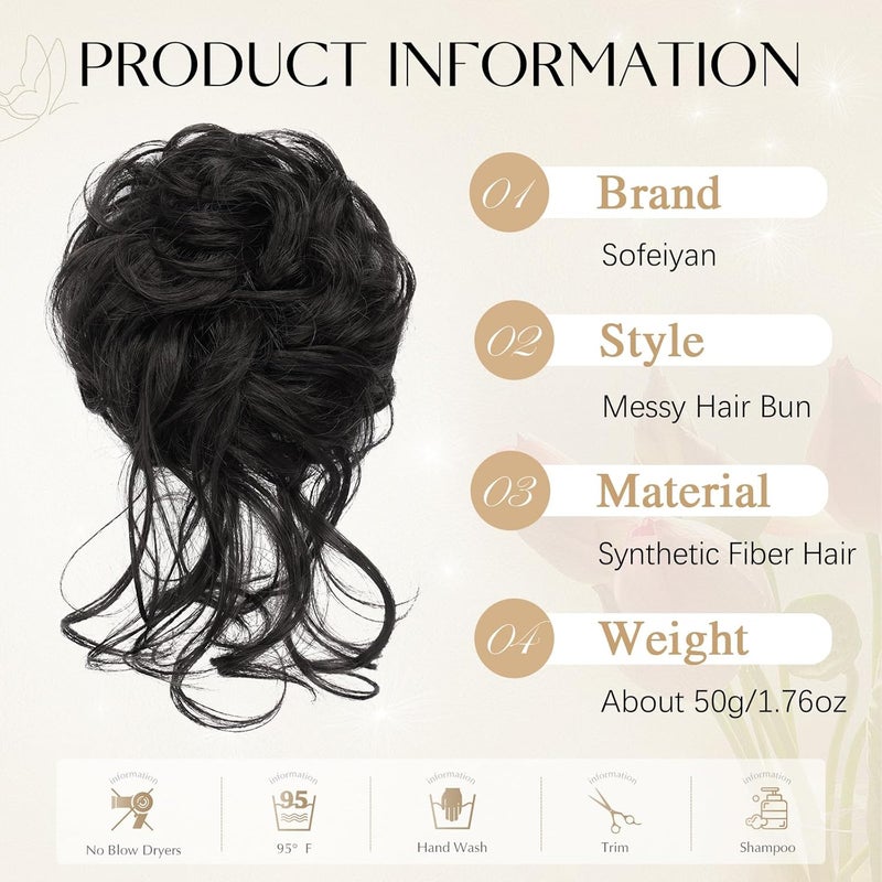 SOFEIYAN Messy Bun Hair Piece Curly Wavy Hair Bun Extensions Synthetic Tousled Updo with Tendrils Hairpieces Bun Donut Accessories Scrunchies for Women, Darkest Brown - Image 2