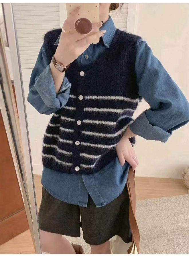 Leyuan New Autumn Winter Color Block Stripe V-neck Layering Pullover Sweater Vest Women's Knitted Waistcoat - Image 1