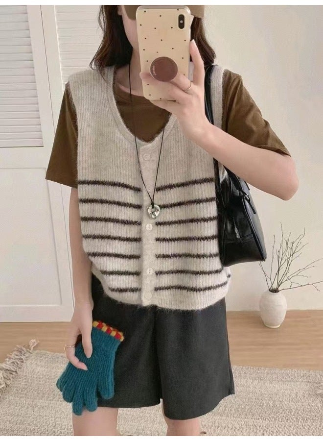 Leyuan New Autumn Winter Color Block Stripe V-neck Layering Pullover Sweater Vest Women's Knitted Waistcoat - Image 3