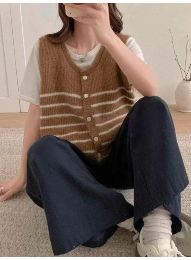 Leyuan New Autumn Winter Color Block Stripe V-neck Layering Pullover Sweater Vest Women's Knitted Waistcoat - Image 5