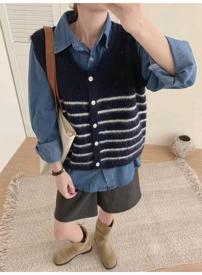 Leyuan New Autumn Winter Color Block Stripe V-neck Layering Pullover Sweater Vest Women's Knitted Waistcoat - Image 4